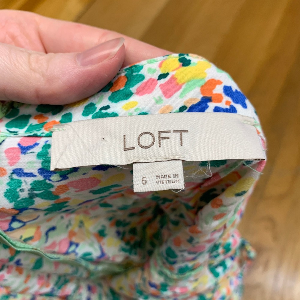 LOFT Womens Multi Color Abstract Floral Ruffle Shoulder Midi Dress Size 6 - Picture 6 of 7